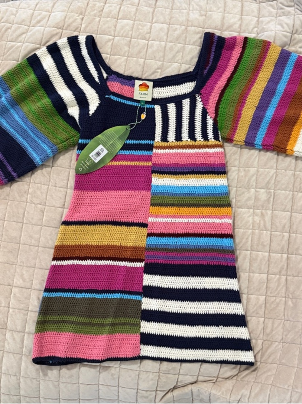 FARM Rio Multicolor Crochet Mini Dress in Pink, Green, Blue, Yellow, Navy, Brown